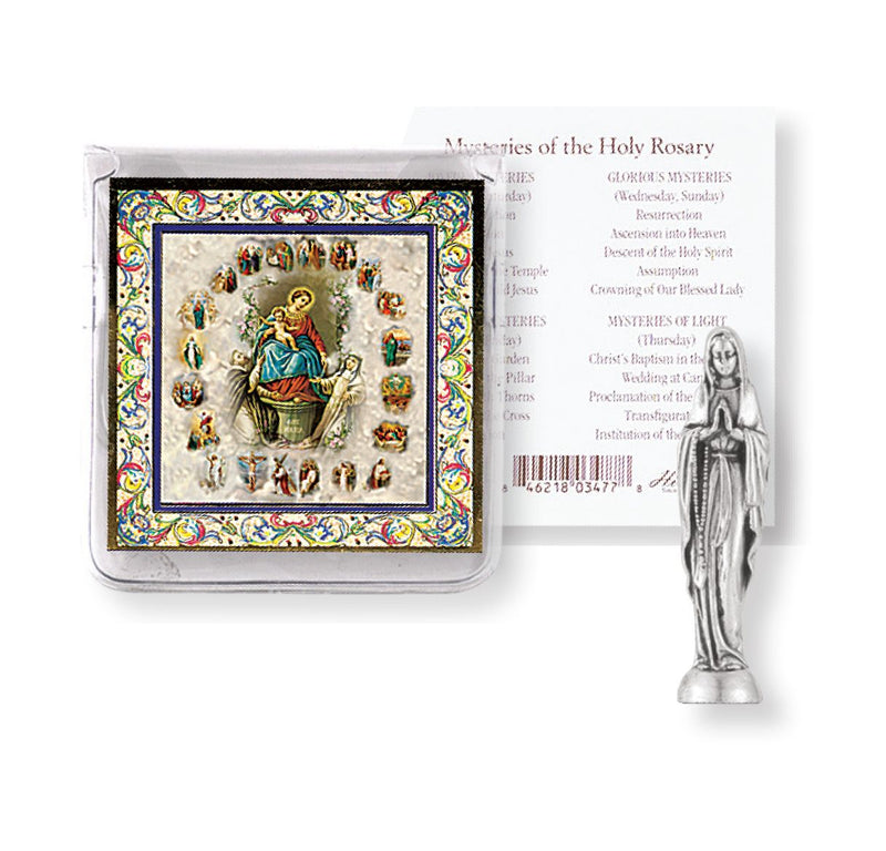Our Lady of the Rosary Pocket Statue with Holy Card in a Clear Pouch