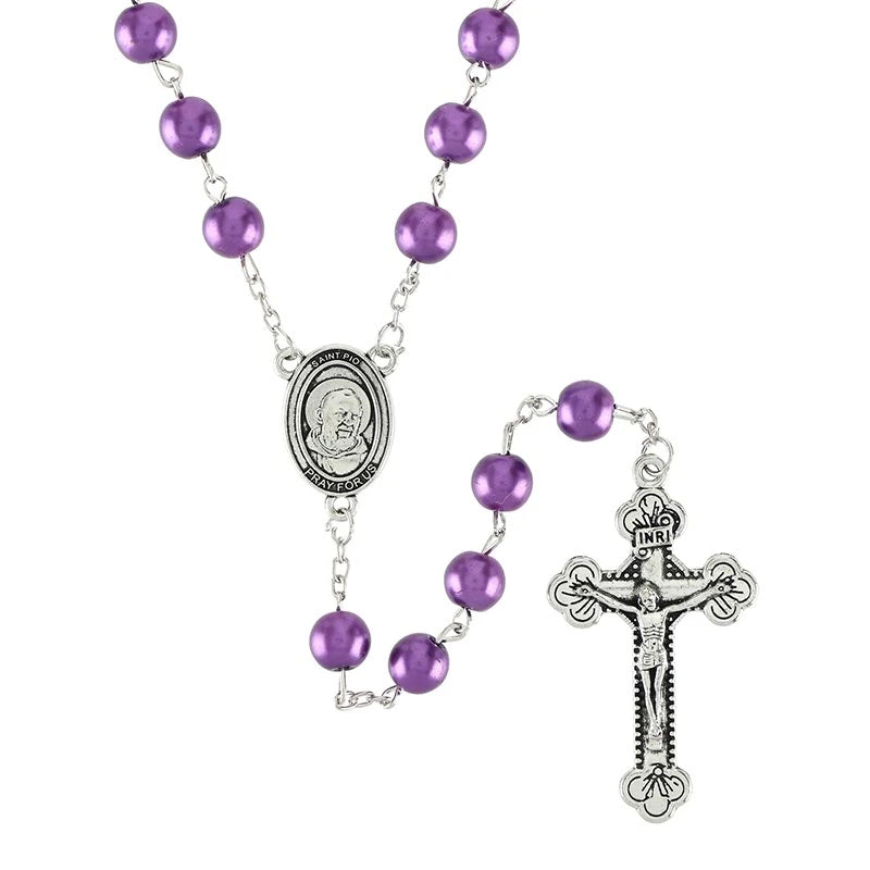 Padre Pio Rosary with 7 mm pearl beads, silver-plated accents, 2-inch crucifix, and Padre Pio centerpiece.