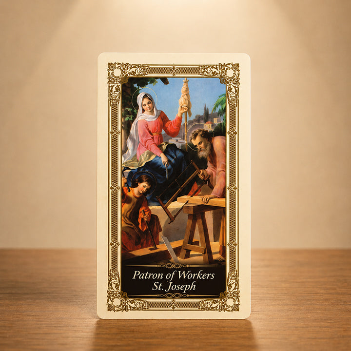 St. Joseph the Worker Prayer Card with Holy Family carpenter scene