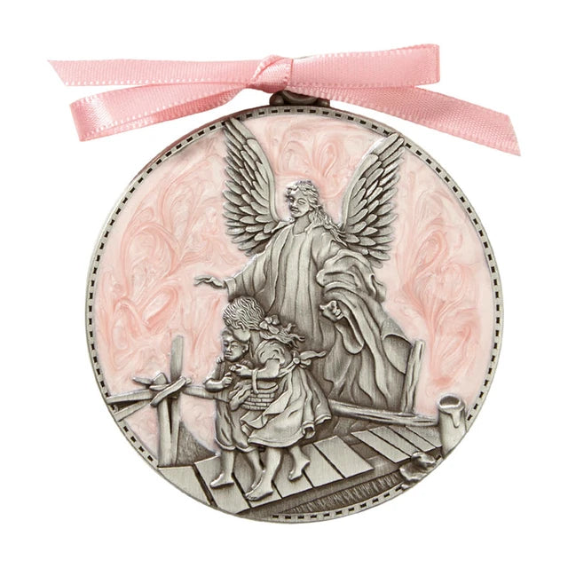 Pink Guardian Angel crib medal for baby girl with enamel inlay and ribbon