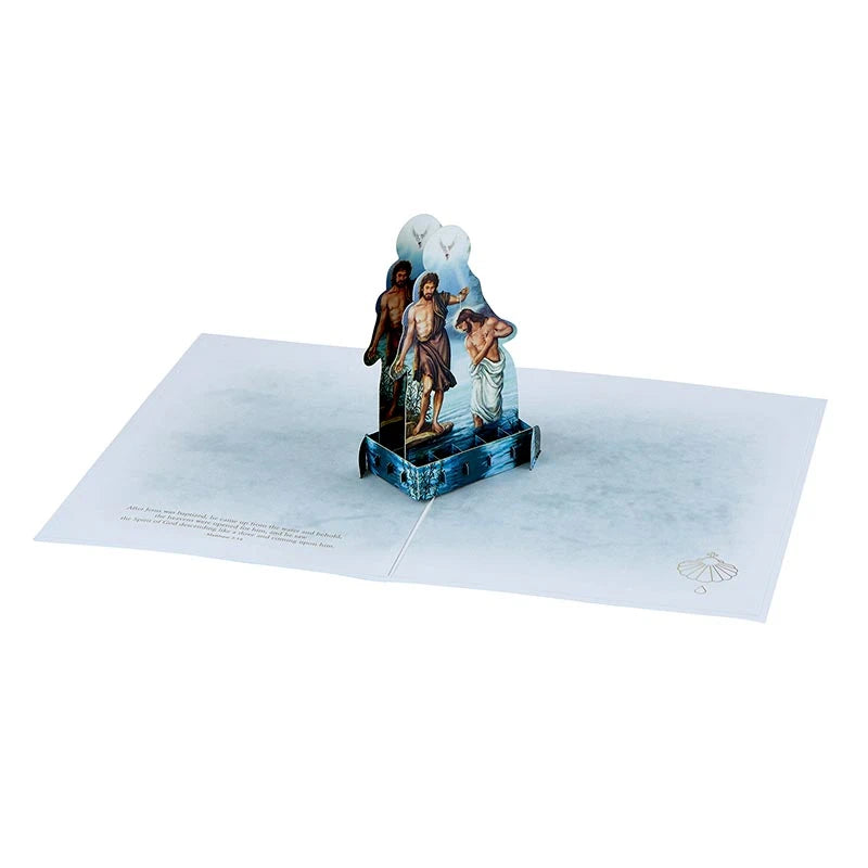 Alfred Mainzer Pop Up Christ Baptism Card N0284 featuring Catholic religious artwork and Matthew 3:16 Scripture verse.