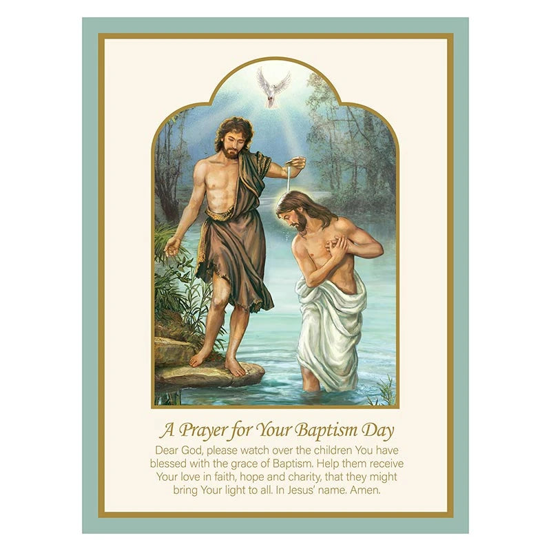 Alfred Mainzer Pop Up Christ Baptism Card N0284 featuring Catholic religious artwork and Matthew 3:16 Scripture verse.