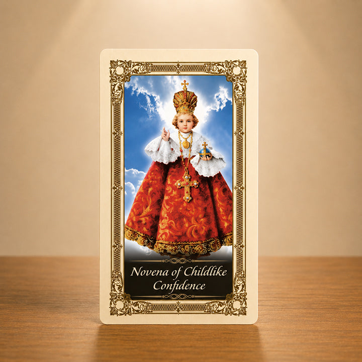 Powerful Novena to Childlike Confidence Prayer Card with Divine Child Jesus artwork and gold colour accents