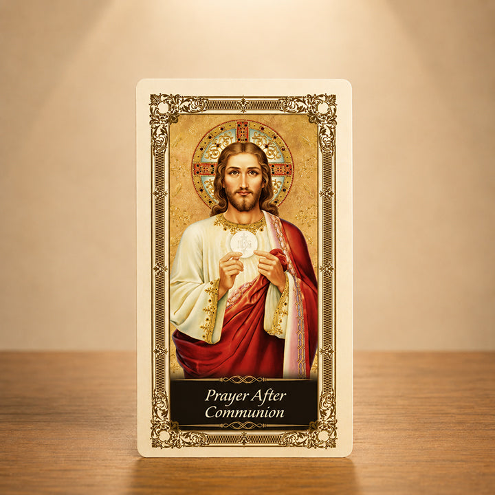 Prayer After Communion Kilgarlin Laminated Prayer Card featuring Jesus holding the Eucharistic Host with traditional gold-accent Catholic artwork.
