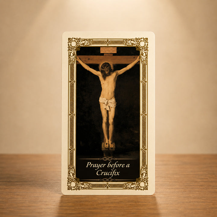 Prayer Before a Crucifix Prayer Card with classic Jesus crucifix artwork and gold colour accents