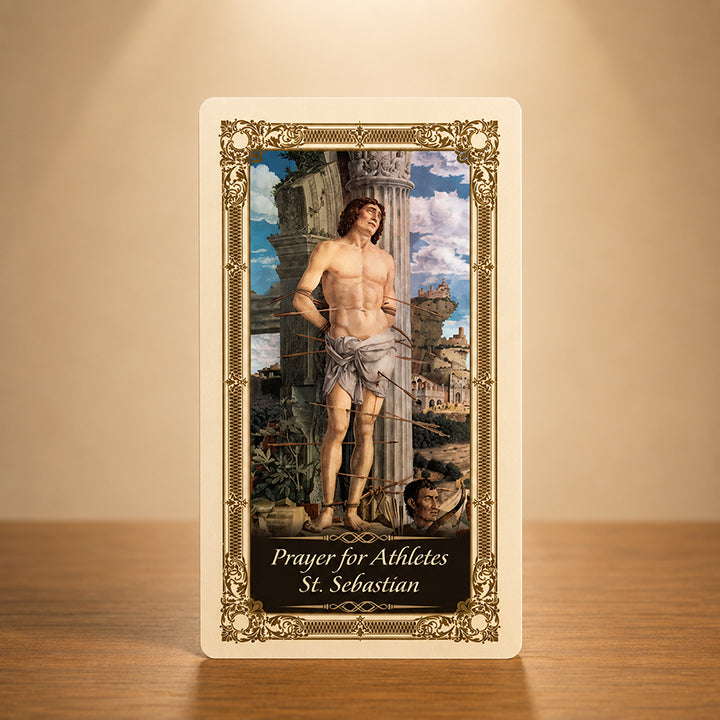 St. Sebastian Prayer Card with sacred artwork of patron saint of athletes