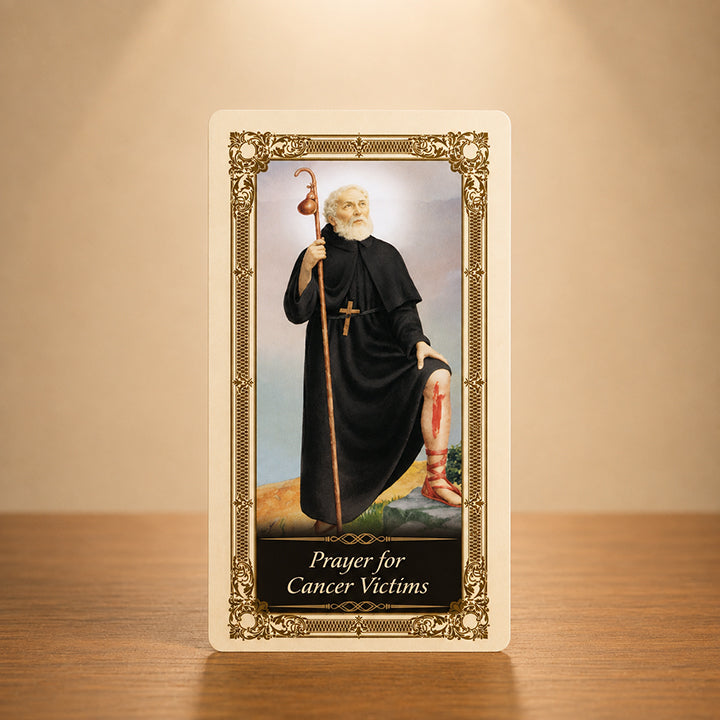Prayer for Cancer Victims St. Peregrine laminated prayer card front with classic Catholic artwork and gold accents