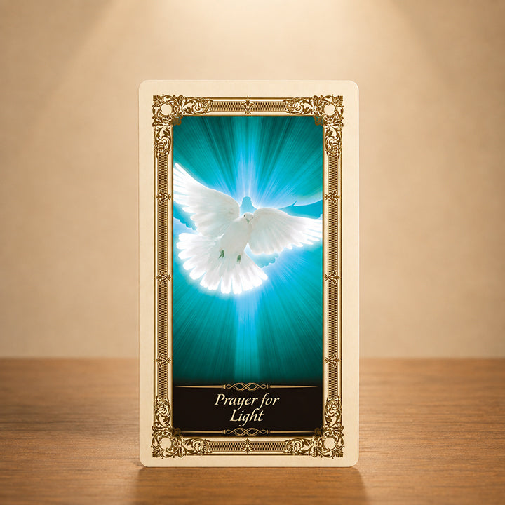 Prayer for Light Kilgarlin Laminated Prayer Card featuring a radiant white dove symbolizing the Holy Spirit with ornate gold Catholic artwork.