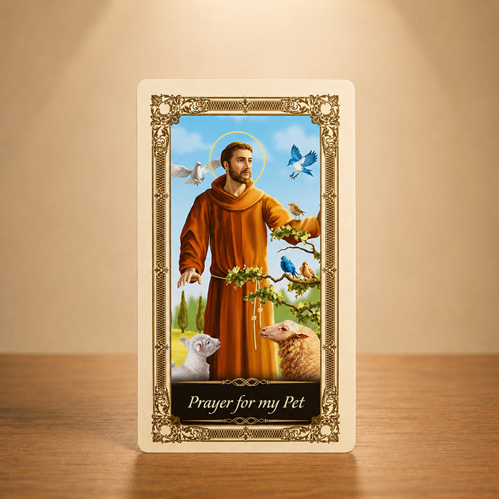 Prayer for My Pet Kilgarlin Laminated Prayer Card featuring St. Francis of Assisi with animals and traditional gold-accent Catholic artwork.