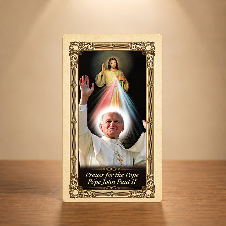 Prayer for the Pope Pope John Paul II Kilgarlin Laminated Prayer Card featuring Pope John Paul II with Divine Mercy Jesus and gold-accent Catholic artwork.