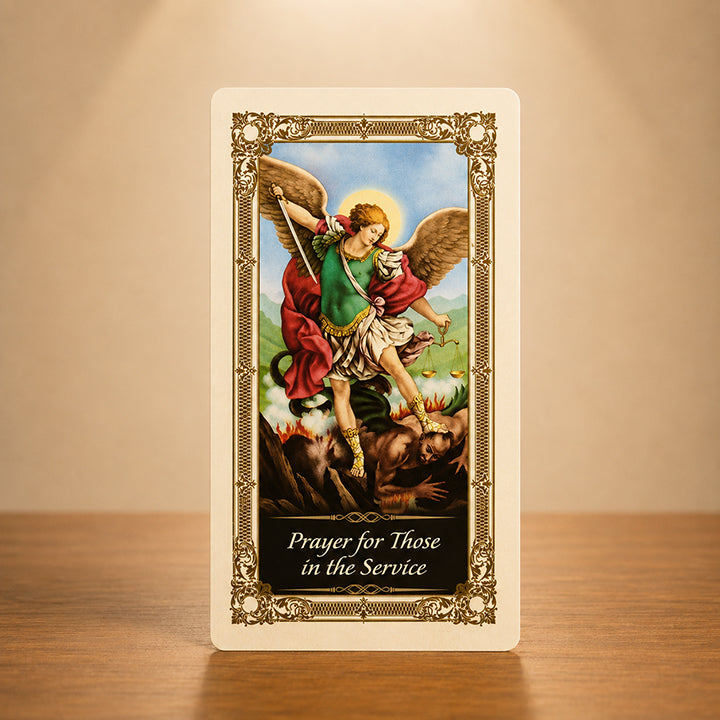 Prayer for Those in the Service prayer card with St. Michael the Archangel Catholic artwork