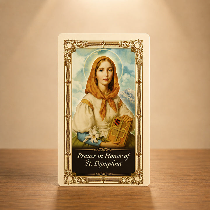 Prayer in Honor of St. Dymphna Kilgarlin laminated prayer card featuring a Catholic prayer for healing, comfort, and spiritual support