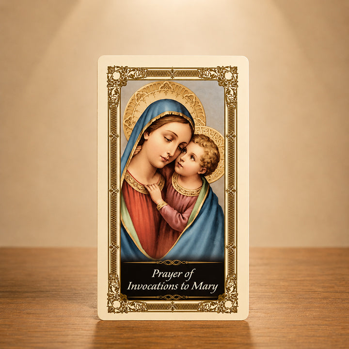Prayer of Invocations to Mary prayer card with Virgin Mary and Child Jesus Catholic artwork