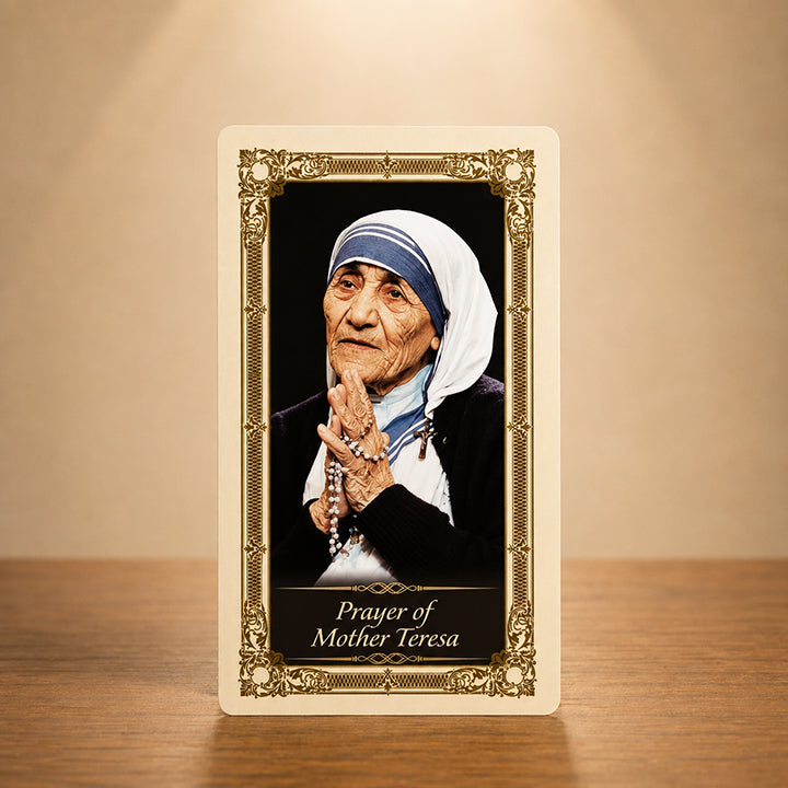 Prayer of Mother Teresa Kilgarlin Laminated Prayer Card featuring Mother Teresa praying with rosary beads and traditional gold-accent Catholic artwork.