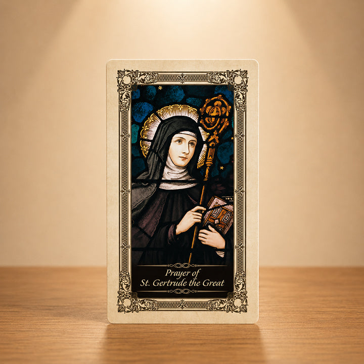 St. Gertrude the Great prayer card with Catholic saint artwork