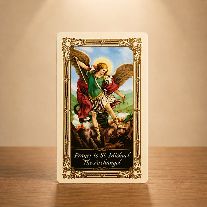 St. Michael Prayer Card with Archangel Michael defeating evil