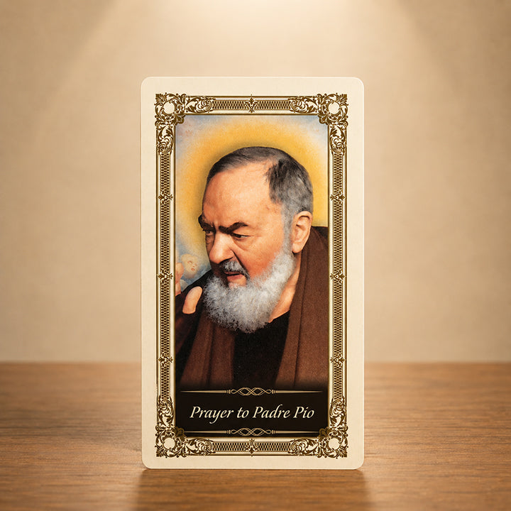Prayer to Padre Pio Kilgarlin Laminated Prayer Card featuring St. Pio of Pietrelcina with gold accents and classic Catholic devotional artwork.