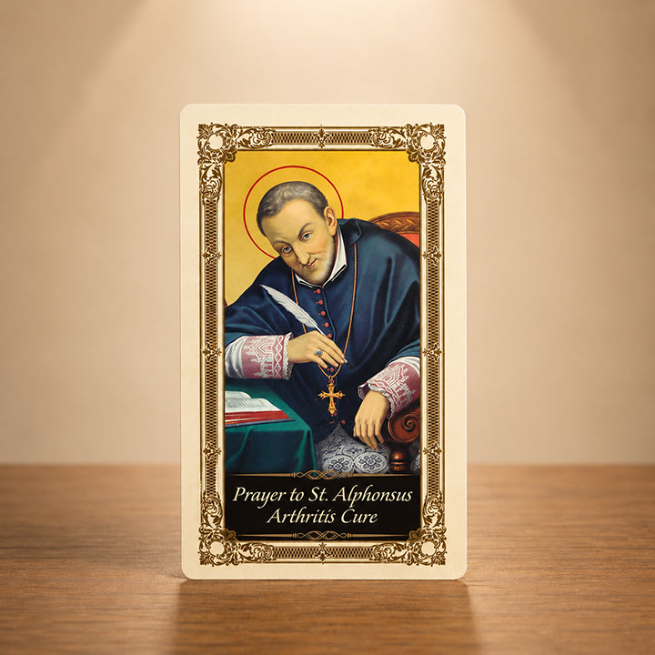 St. Alphonsus Arthritis Cure Prayer Card front with Catholic saint artwork and gold colour accents
