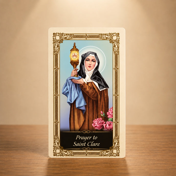 St. Clare of Assisi Prayer Card with saint holding the Blessed Sacrament