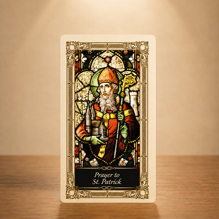 Prayer to St. Patrick Kilgarlin Laminated Prayer Card featuring St. Patrick in stained-glass style artwork with ornate gold accents for Catholic devotion and gifts.