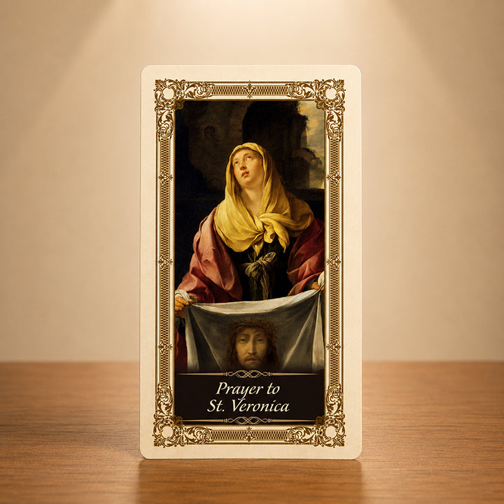 St. Veronica Prayer Card with saint holding the veil of Christ