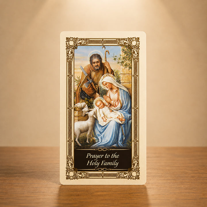 Prayer to the Holy Family prayer card with Jesus Mary and Joseph Catholic artwork