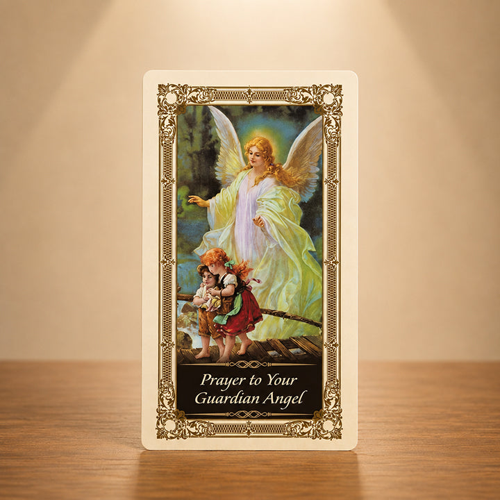 Prayer to Your Guardian Angel Kilgarlin Laminated Prayer Card featuring a guardian angel protecting two children with ornate gold Catholic artwork.