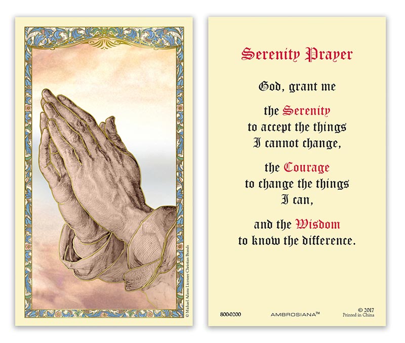 Praying Hands Laminated Holy Card featuring traditional praying hands artwork with gold foil accents and a classic Christian devotional design.