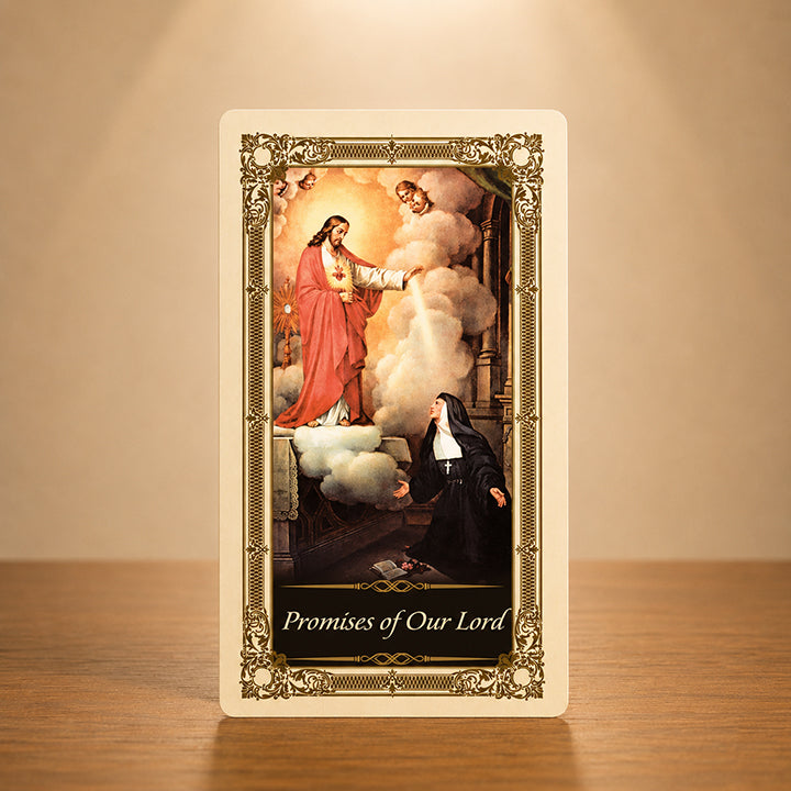 Promises of Our Lord Prayer Card with Sacred Heart of Jesus and Saint Margaret Mary artwork