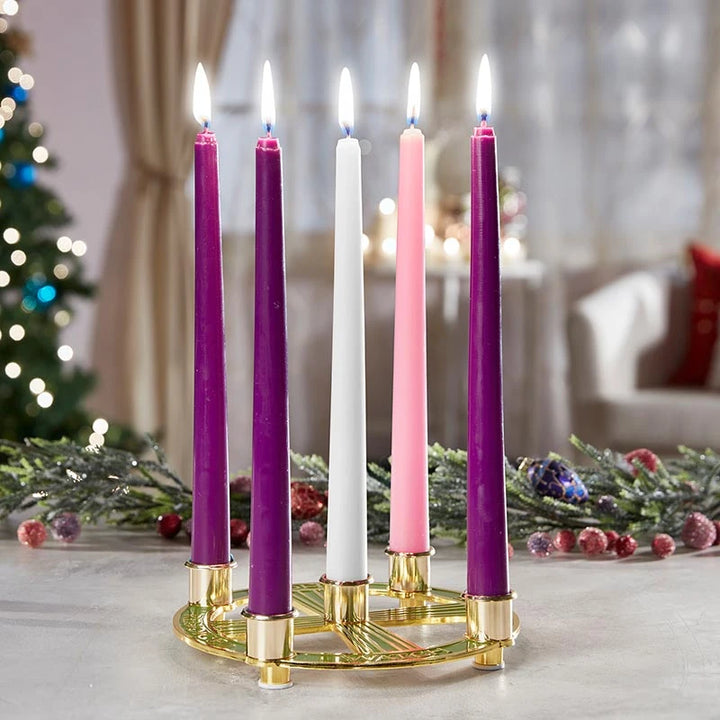 Catholic Advent wreath featuring the words Watch, Prepare, Rejoice, and Behold for seasonal prayer.