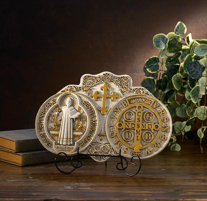 Saint Benedict Medal plaque in resin with metal display stand