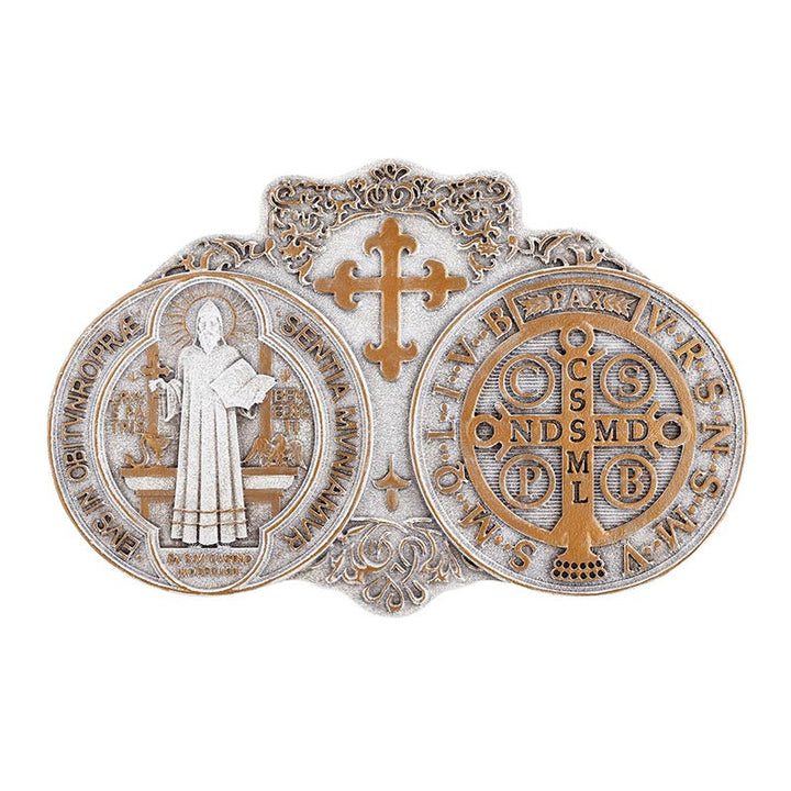 Saint Benedict Medal plaque in resin with metal display stand