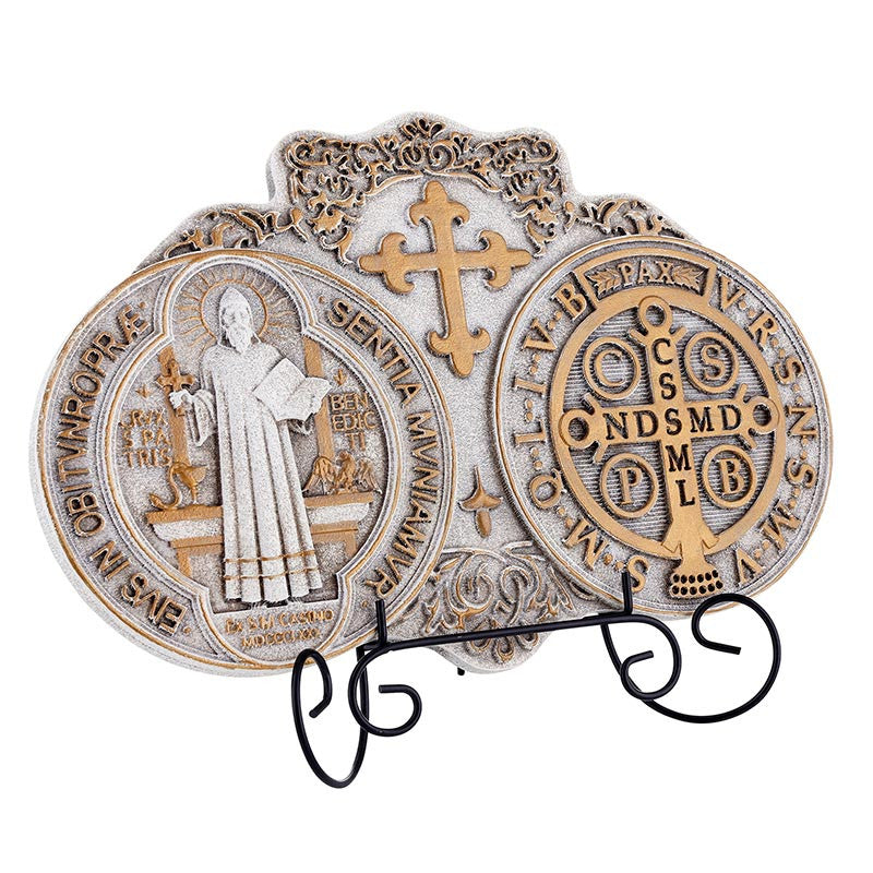 Saint Benedict Medal plaque in resin with metal display stand
