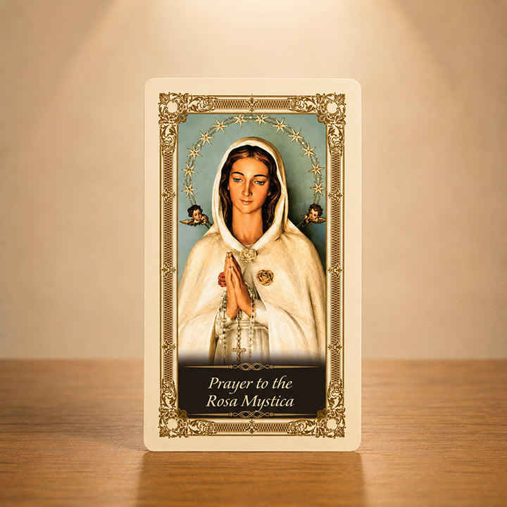Rosa Mystica Prayer Card with Blessed Virgin Mary artwork, rosary and gold colour accents