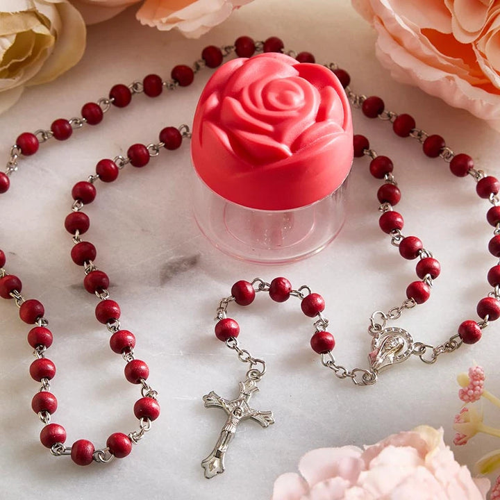 Catholic Rose Petal Rosary Set inspired by the Crown of Roses devotion to the Blessed Virgin Mary for prayer and Marian gifts.