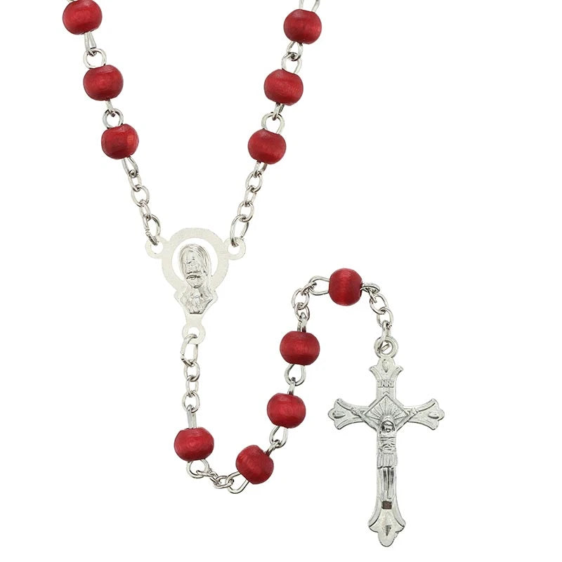 Rose Petal Rosary Set with 5 mm beads, silver-plated and wood details, crucifix, centerpiece, and compact round case.