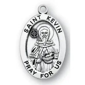 STERLING/LG OVAL ST KEVIN MEDAL featuring St. Kevin with a staff and birds nest, handcrafted in sterling silver.