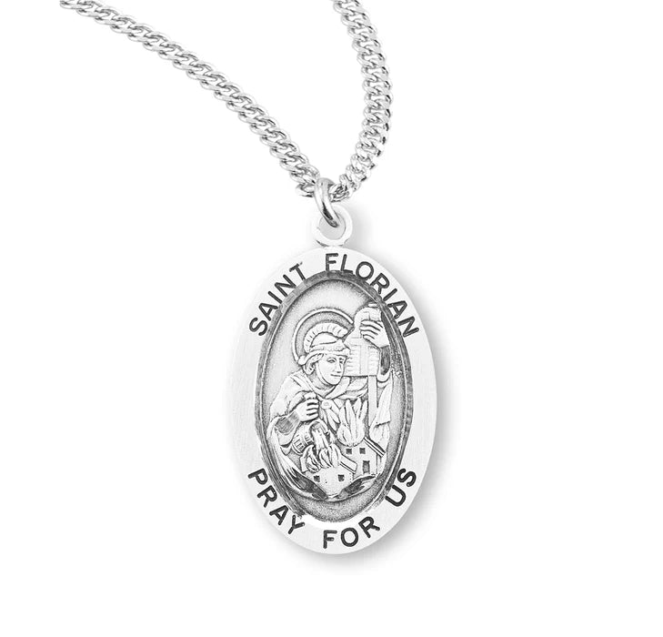 Patron Saint Florian Oval Sterling Silver Medal featuring St. Florian putting out a fire, on a chain.