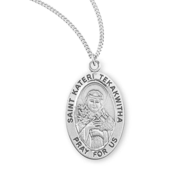 Patron Saint Kateri Tekakwitha Oval Sterling Silver Medal with chain, detailed engraving and polish.