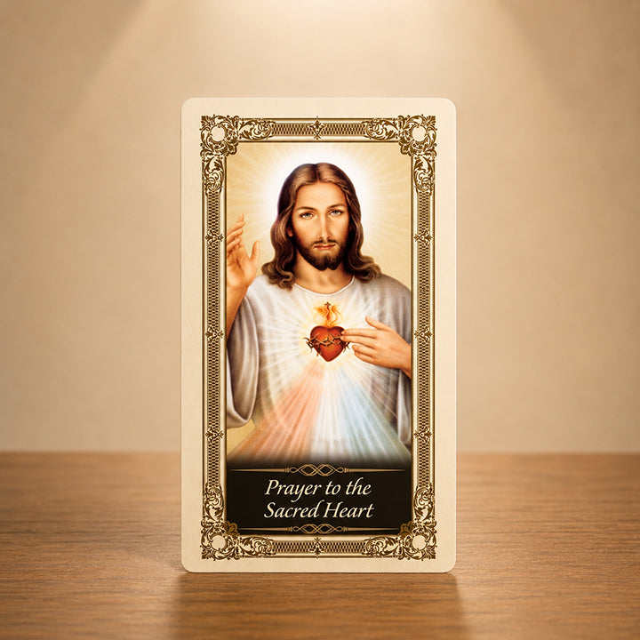 Sacred Heart Prayer Card with classic Sacred Heart of Jesus artwork and gold color accents