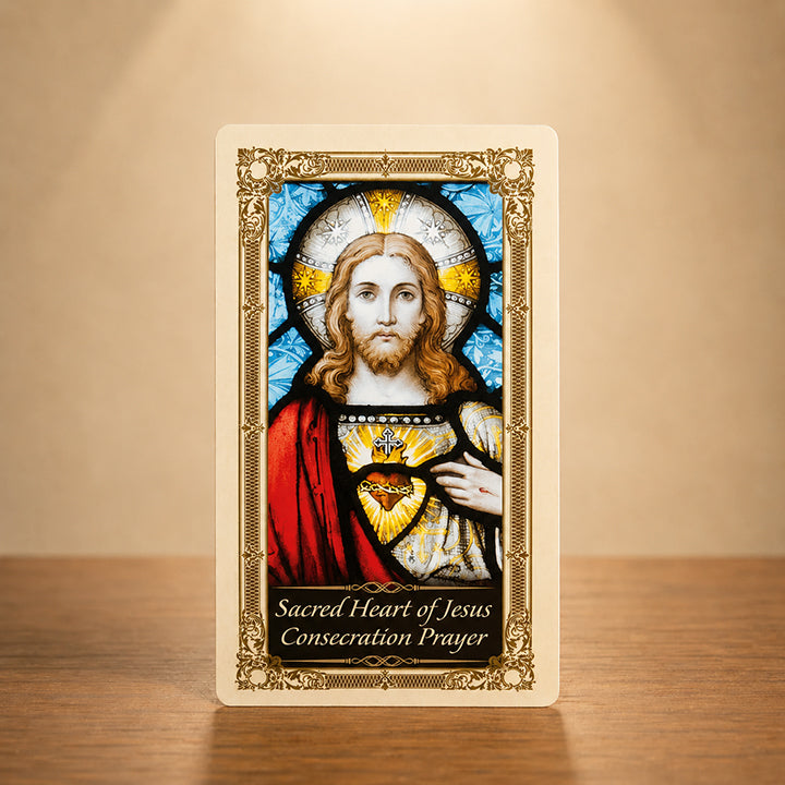 Sacred Heart of Jesus Consecration Prayer Card with classic Catholic artwork and gold color accents