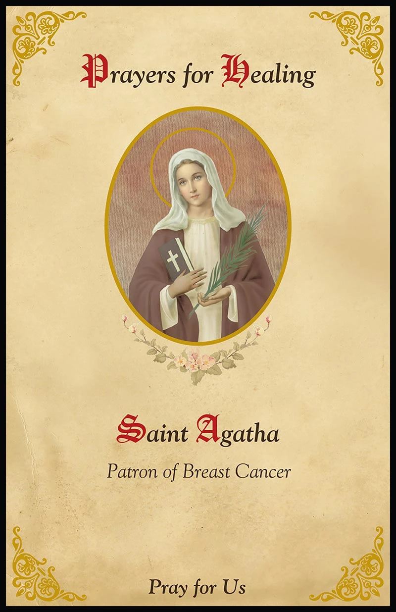 Saint Agatha Rosary with 7 mm pearl beads, silver-plated accents, 2-inch crucifix, centerpiece, and devotional pendant.