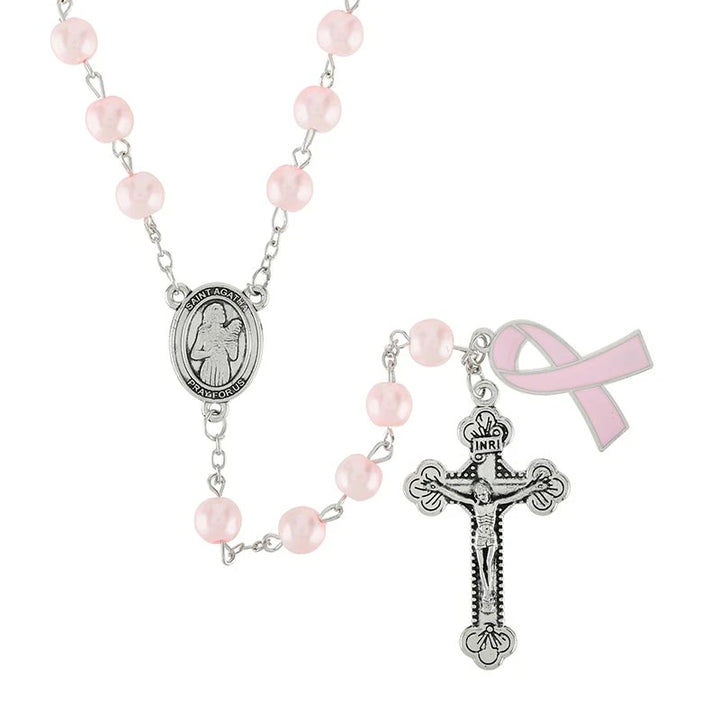 Saint Agatha Rosary with 7 mm pearl beads, silver-plated accents, 2-inch crucifix, centerpiece, and devotional pendant.