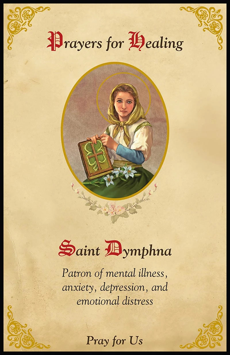 Saint Dymphna Rosary with 7 mm pearl beads, silver-plated accents, 2-inch crucifix, and saint centerpiece.