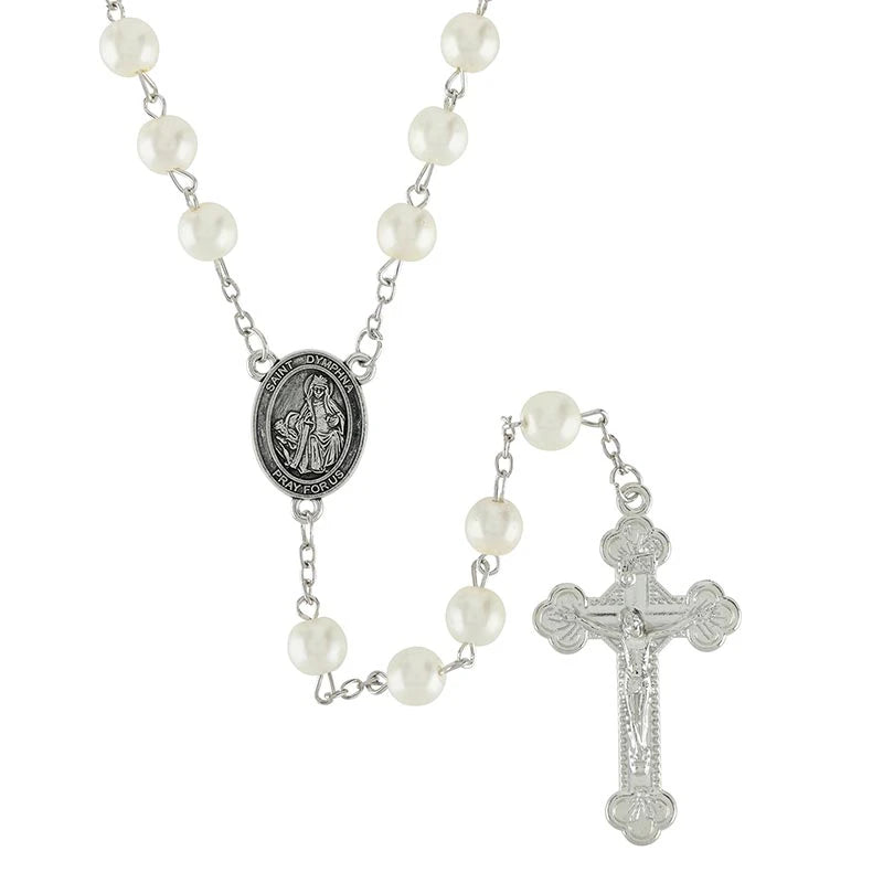 Saint Dymphna Rosary with 7 mm pearl beads, silver-plated accents, 2-inch crucifix, and saint centerpiece.