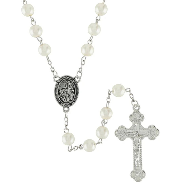 Saint Dymphna Rosary with 7 mm pearl beads, silver-plated accents, 2-inch crucifix, and saint centerpiece.