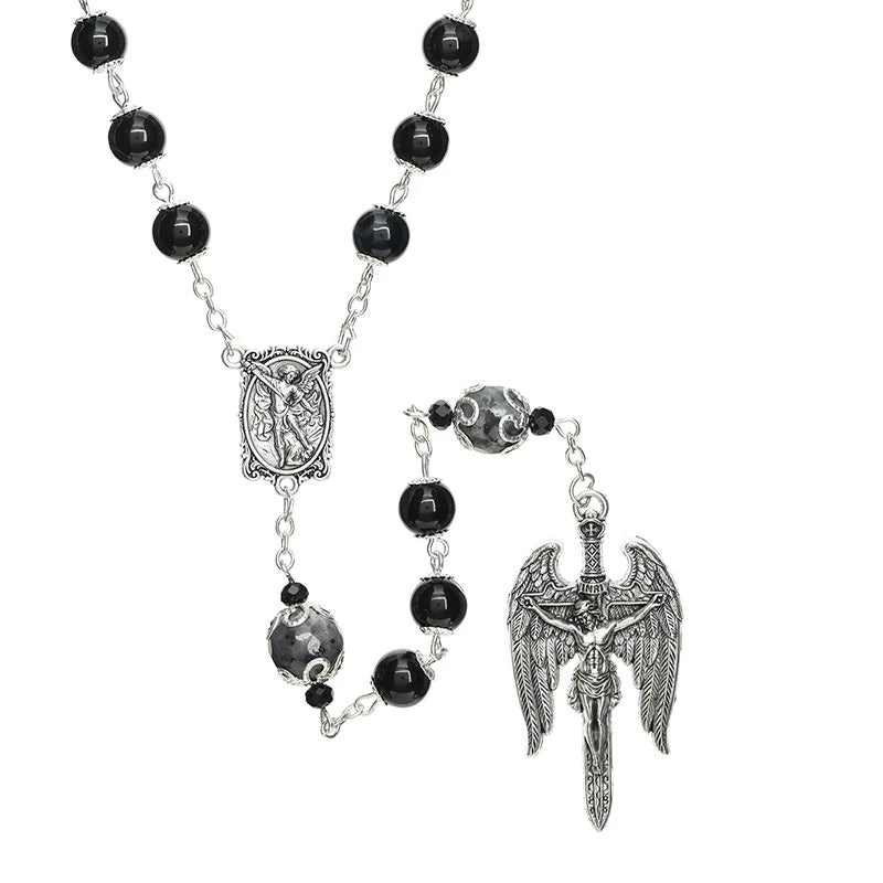 Saint Michael Giulia Signorelli rosary with onyx and labradorite beads and Saint Michael centerpiece