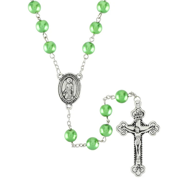 Saint Peregrine Rosary with 7 mm pearl beads, silver-plated accents, 2-inch crucifix, and saint centerpiece.