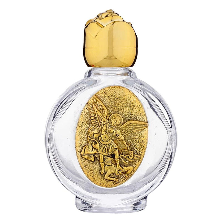 Catholic holy water glass bottle display featuring Saint Michael design.