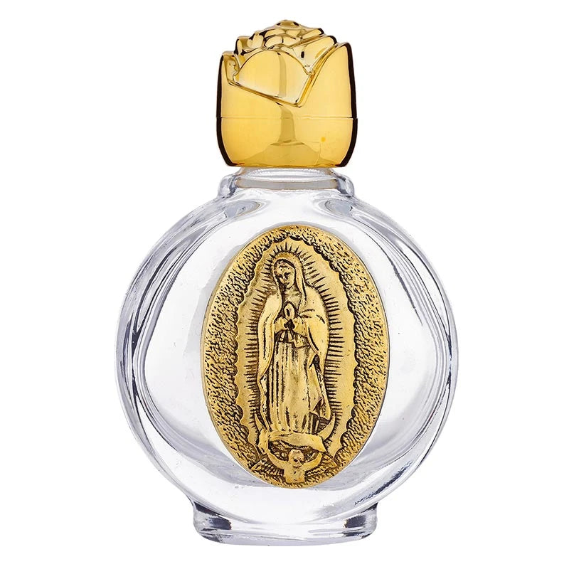 Catholic holy water glass bottle display featuring Our Lady of Guadalupe design.